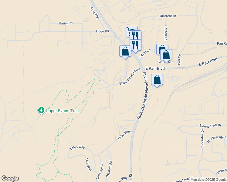 map of restaurants, bars, coffee shops, grocery stores, and more near 4460 Nathan Stephen Court in Reno