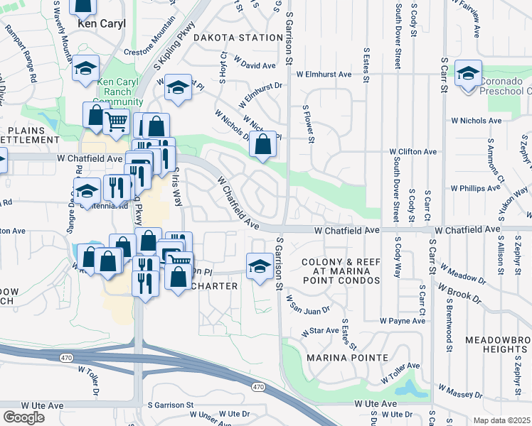 map of restaurants, bars, coffee shops, grocery stores, and more near 9631 West Chatfield Avenue in Littleton