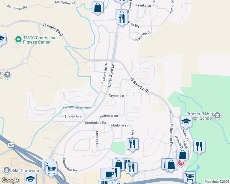 map of restaurants, bars, coffee shops, grocery stores, and more near 3949 Clear Acre Lane in Reno