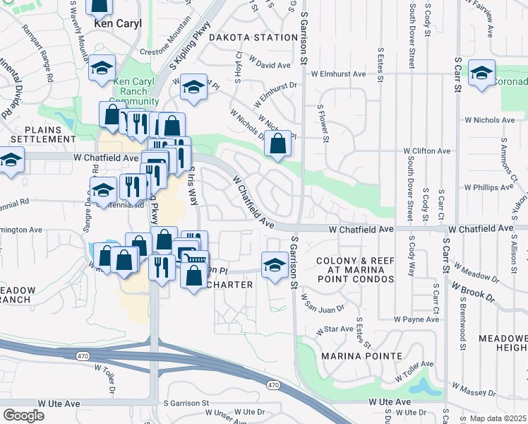 map of restaurants, bars, coffee shops, grocery stores, and more near 9613 West Chatfield Avenue in Littleton