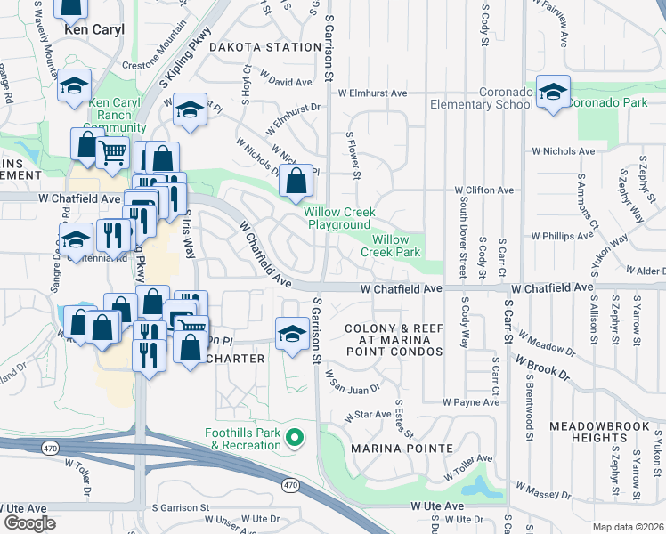 map of restaurants, bars, coffee shops, grocery stores, and more near 9158 West Phillips Drive in Littleton