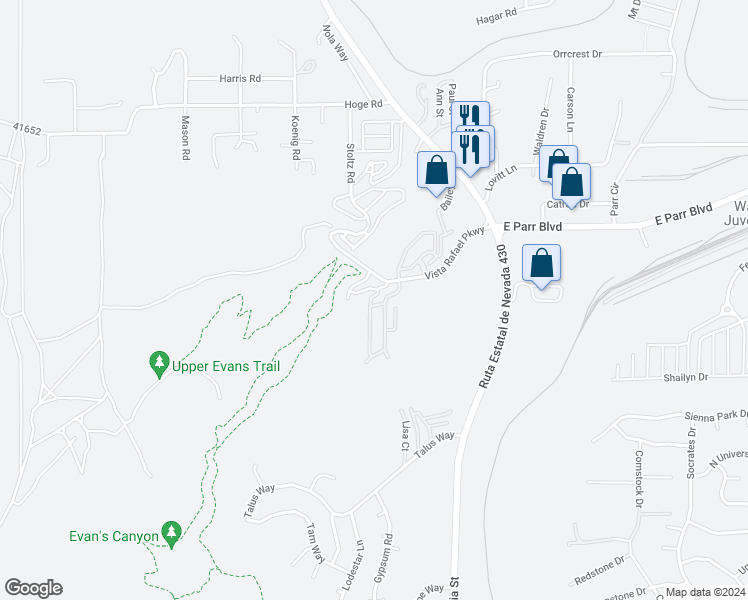 map of restaurants, bars, coffee shops, grocery stores, and more near 395 Madison Marie Lane in Reno