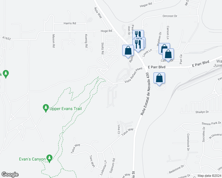map of restaurants, bars, coffee shops, grocery stores, and more near 355 Madison Marie Lane in Reno