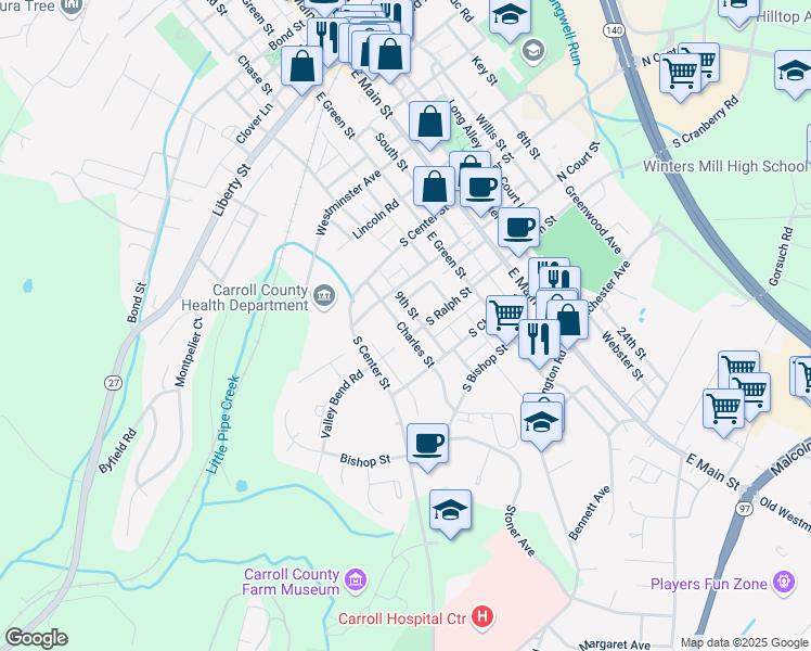 map of restaurants, bars, coffee shops, grocery stores, and more near 49 Charles Street in Westminster