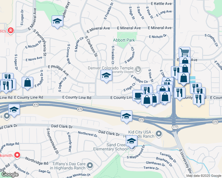 map of restaurants, bars, coffee shops, grocery stores, and more near 8259 South Franklin Court in Centennial