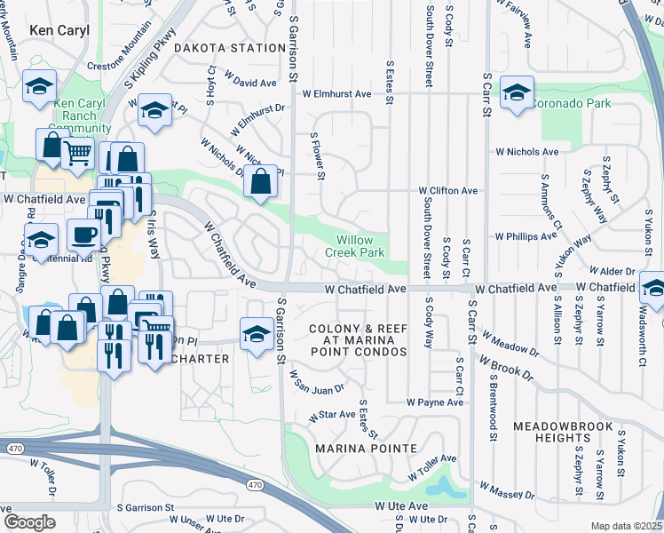 map of restaurants, bars, coffee shops, grocery stores, and more near 9041 West Phillips Drive in Littleton
