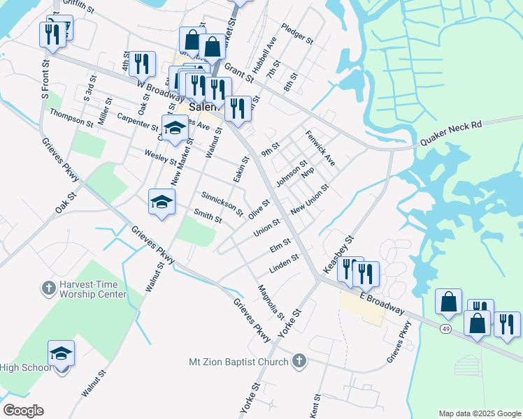 map of restaurants, bars, coffee shops, grocery stores, and more near 6 Olive Street in Salem