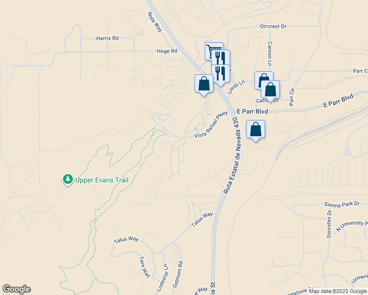 map of restaurants, bars, coffee shops, grocery stores, and more near 4470 Nathan Stephen Court in Reno