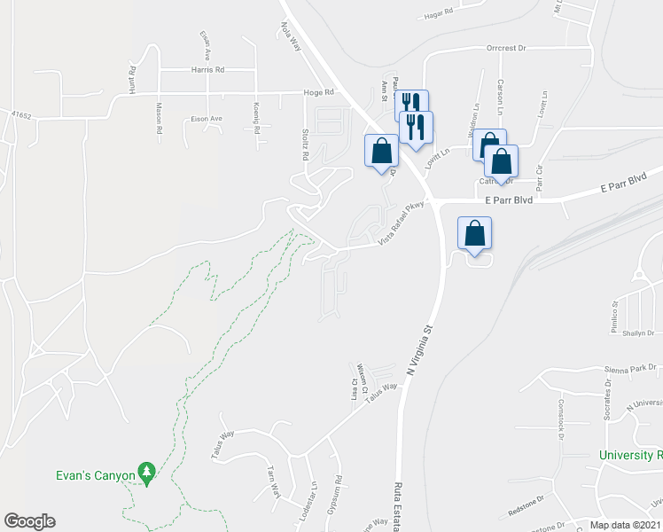 map of restaurants, bars, coffee shops, grocery stores, and more near 345 Madison Marie Lane in Reno