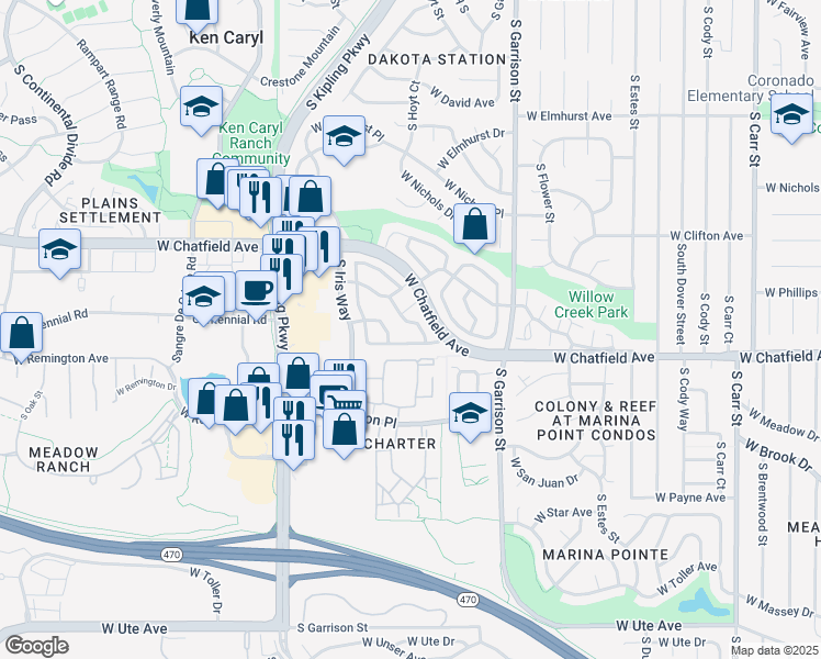 map of restaurants, bars, coffee shops, grocery stores, and more near 9664 West Chatfield Avenue in Littleton