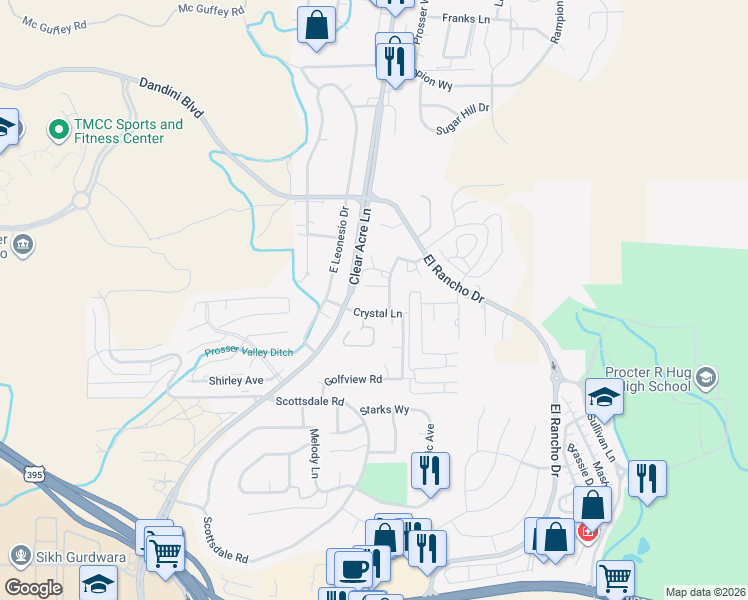 map of restaurants, bars, coffee shops, grocery stores, and more near 3949 Clear Acre Lane in Reno