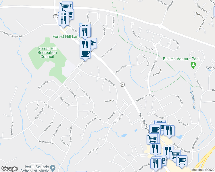 map of restaurants, bars, coffee shops, grocery stores, and more near 104 Aqueduct Court in Forest Hill