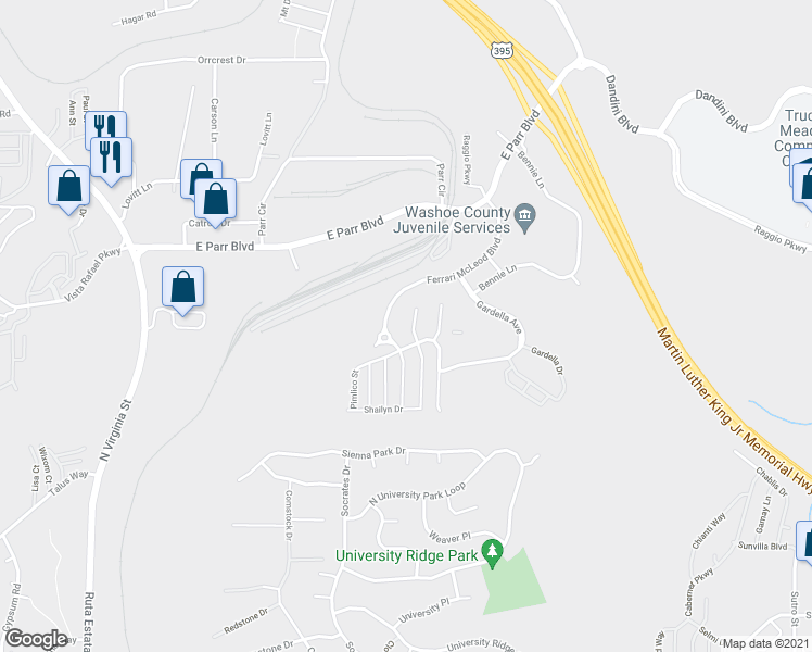 map of restaurants, bars, coffee shops, grocery stores, and more near 3735 Thistledown Court in Reno