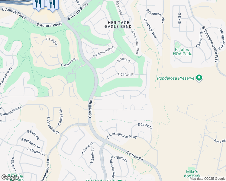 map of restaurants, bars, coffee shops, grocery stores, and more near 23493 East Phillips Place in Aurora