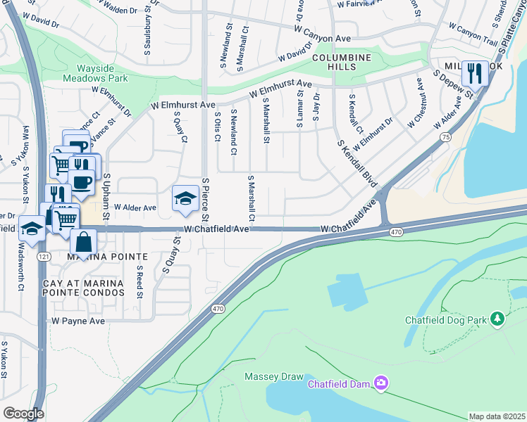 map of restaurants, bars, coffee shops, grocery stores, and more near 8239 South Marshall Street in Littleton