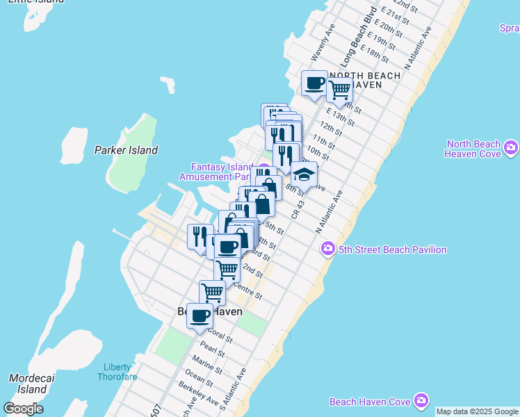 map of restaurants, bars, coffee shops, grocery stores, and more near 510 North Bay Avenue in Beach Haven