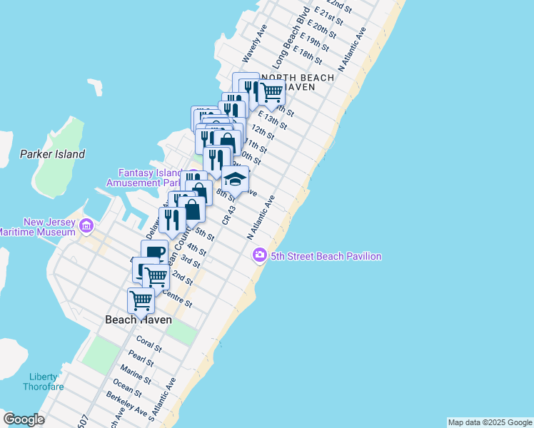 map of restaurants, bars, coffee shops, grocery stores, and more near 25 8th Street in Beach Haven