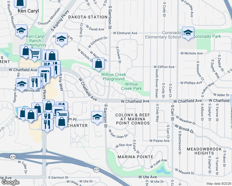 map of restaurants, bars, coffee shops, grocery stores, and more near 9158 West Phillips Drive in Littleton