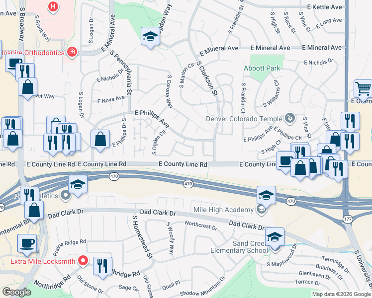 map of restaurants, bars, coffee shops, grocery stores, and more near 1159 East Phillips Drive in Littleton