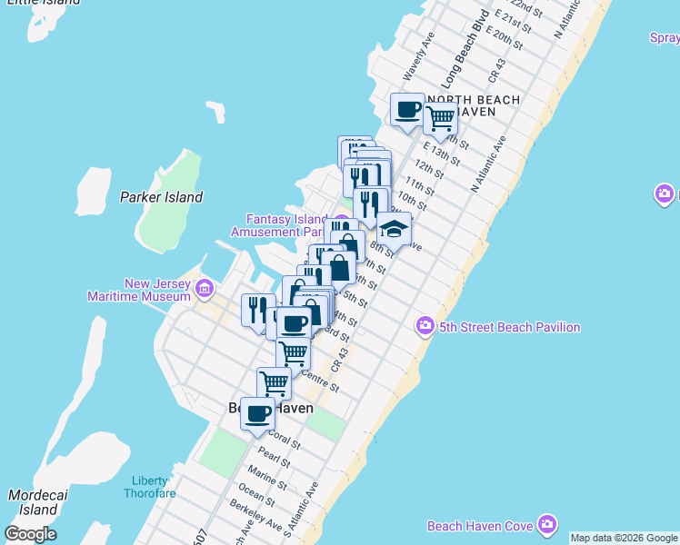 map of restaurants, bars, coffee shops, grocery stores, and more near 510 North Bay Avenue in Beach Haven