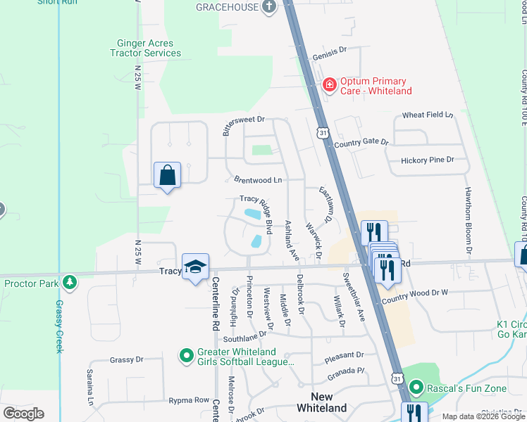 map of restaurants, bars, coffee shops, grocery stores, and more near 162 Tracy Ridge Boulevard in Whiteland