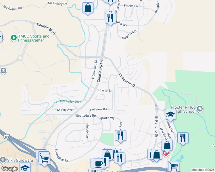 map of restaurants, bars, coffee shops, grocery stores, and more near 3949 Clear Acre Lane in Reno