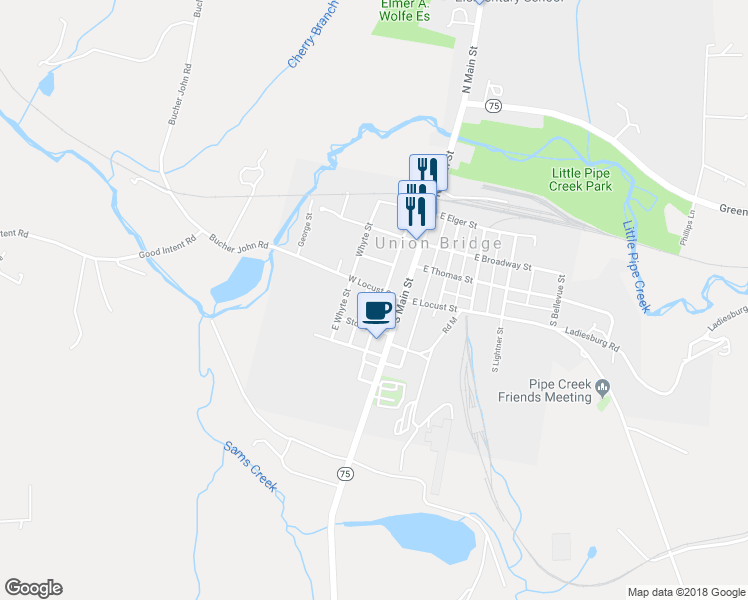 map of restaurants, bars, coffee shops, grocery stores, and more near 111 Penrose Street in Union Bridge