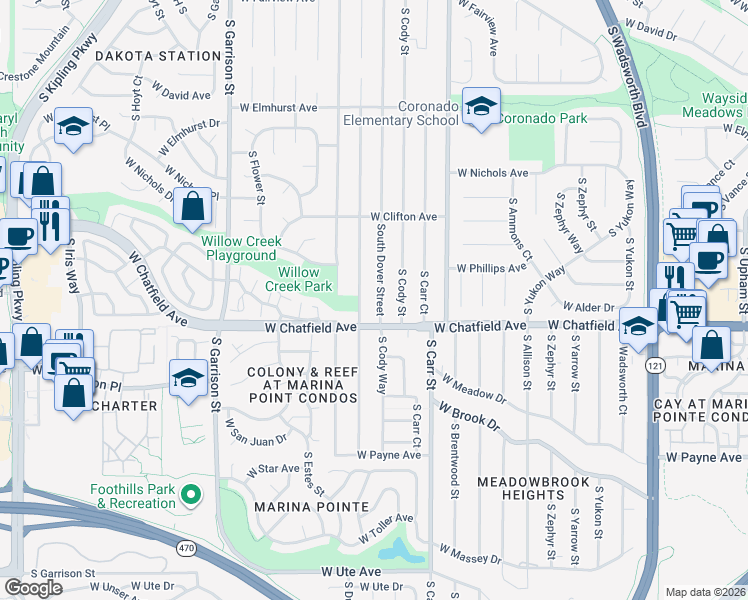 map of restaurants, bars, coffee shops, grocery stores, and more near 8267 South Dover Street in Littleton