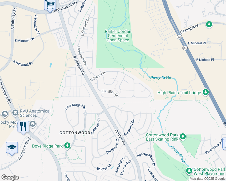 map of restaurants, bars, coffee shops, grocery stores, and more near 16309 East Phillips Drive in Englewood
