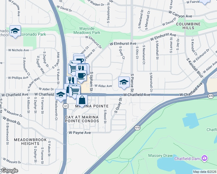 map of restaurants, bars, coffee shops, grocery stores, and more near 8258 South Reed Way in Littleton