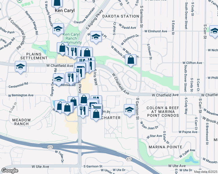 map of restaurants, bars, coffee shops, grocery stores, and more near 9664 West Chatfield Avenue in Littleton