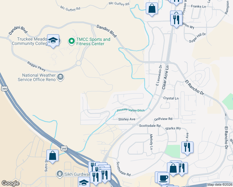 map of restaurants, bars, coffee shops, grocery stores, and more near 3801-3819 Joy Lane in Reno