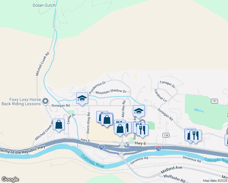map of restaurants, bars, coffee shops, grocery stores, and more near 128 Mountain Shadow Drive in Glenwood Springs