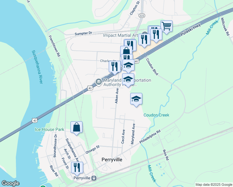 map of restaurants, bars, coffee shops, grocery stores, and more near 747 Aiken Avenue in Perryville