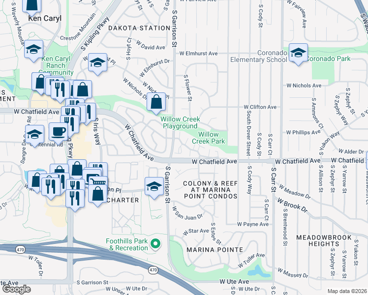 map of restaurants, bars, coffee shops, grocery stores, and more near 9158 West Phillips Drive in Littleton