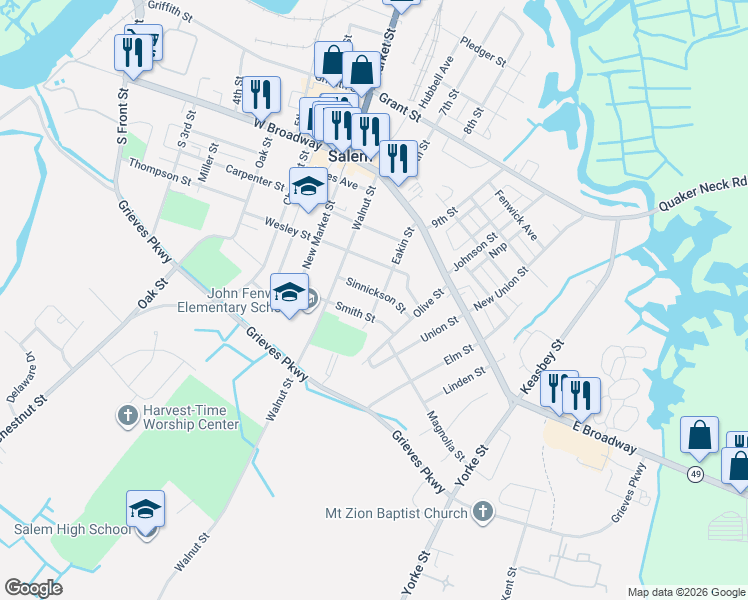map of restaurants, bars, coffee shops, grocery stores, and more near 220 Smith Street in Salem
