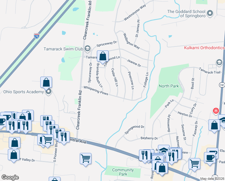 map of restaurants, bars, coffee shops, grocery stores, and more near 100 Teakwood Lane in Springboro