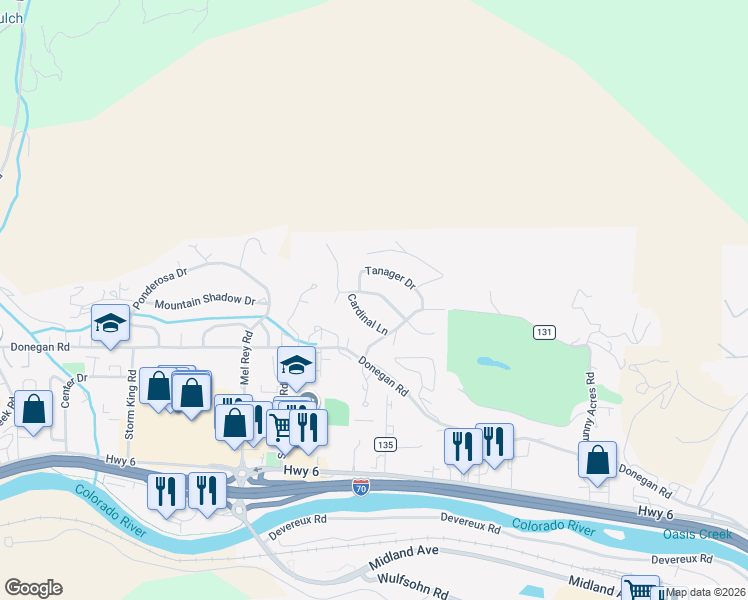 map of restaurants, bars, coffee shops, grocery stores, and more near 110 Ptarmigan Drive in Glenwood Springs