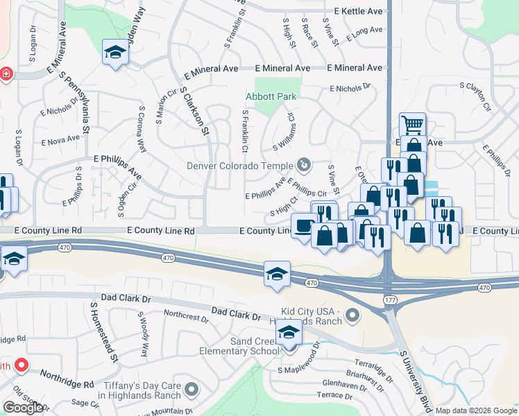 map of restaurants, bars, coffee shops, grocery stores, and more near 8277 South High Court in Centennial