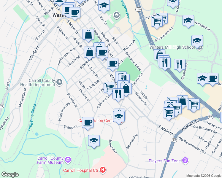 map of restaurants, bars, coffee shops, grocery stores, and more near 263 East Green Street in Westminster