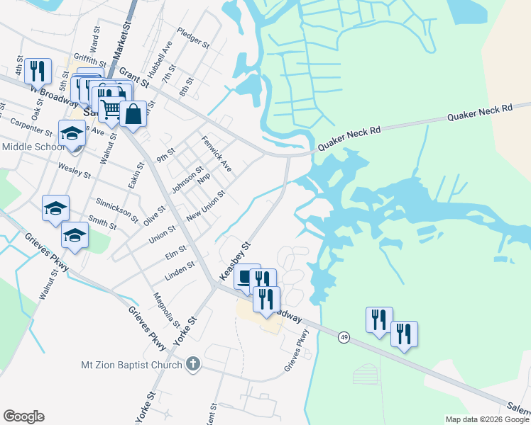 map of restaurants, bars, coffee shops, grocery stores, and more near 277 Keasbey Street in Salem