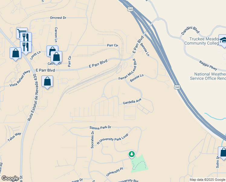 map of restaurants, bars, coffee shops, grocery stores, and more near 3735 Thistledown Court in Reno