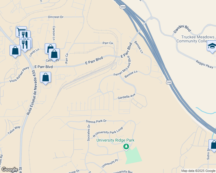map of restaurants, bars, coffee shops, grocery stores, and more near 3740 Thistledown Court in Reno