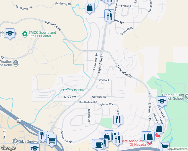 map of restaurants, bars, coffee shops, grocery stores, and more near 3399 Crystal Lane in Reno