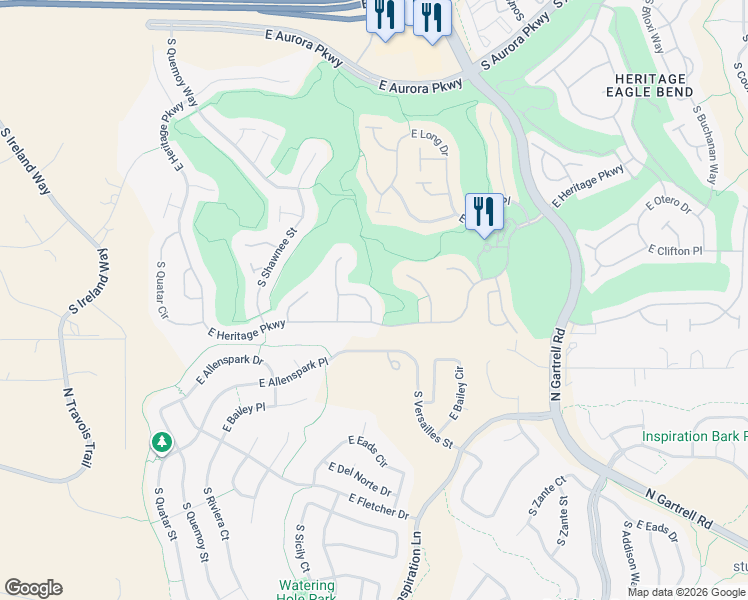map of restaurants, bars, coffee shops, grocery stores, and more near 22545 East Alder Drive in Aurora