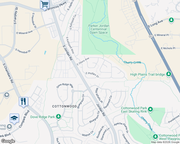 map of restaurants, bars, coffee shops, grocery stores, and more near 16236 East Phillips Drive in Englewood