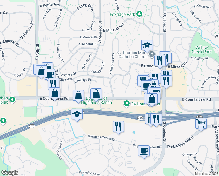 map of restaurants, bars, coffee shops, grocery stores, and more near 6569 East Phillips Place in Centennial