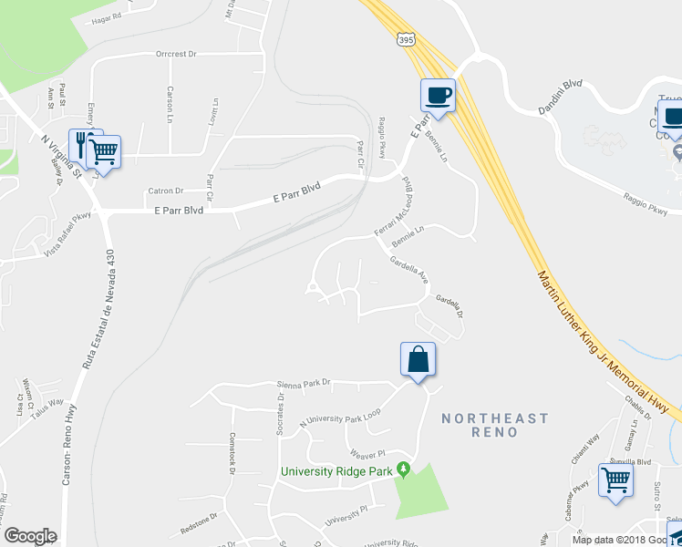 map of restaurants, bars, coffee shops, grocery stores, and more near 3735 Thistledown Court in Reno