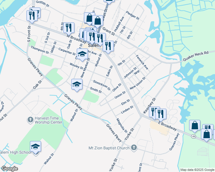 map of restaurants, bars, coffee shops, grocery stores, and more near 266 Sinnickson Street in Salem