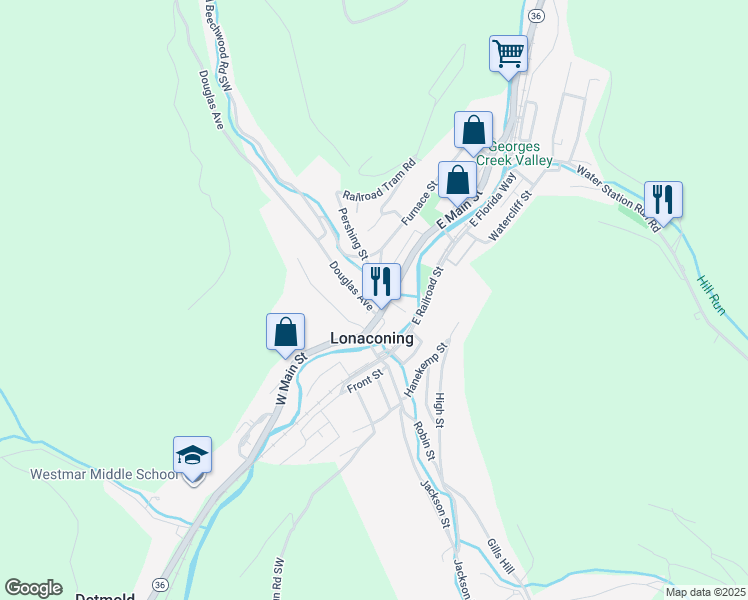map of restaurants, bars, coffee shops, grocery stores, and more near 15 Main Street in Lonaconing